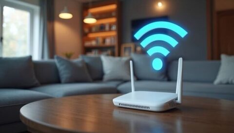 Vit wifi-router på ett soffbord i ett vardagsrum
