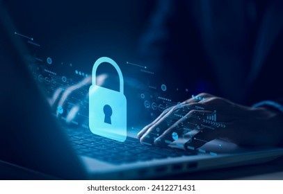 Glödande hänglås över ett tangentbord med händer vid en laptop